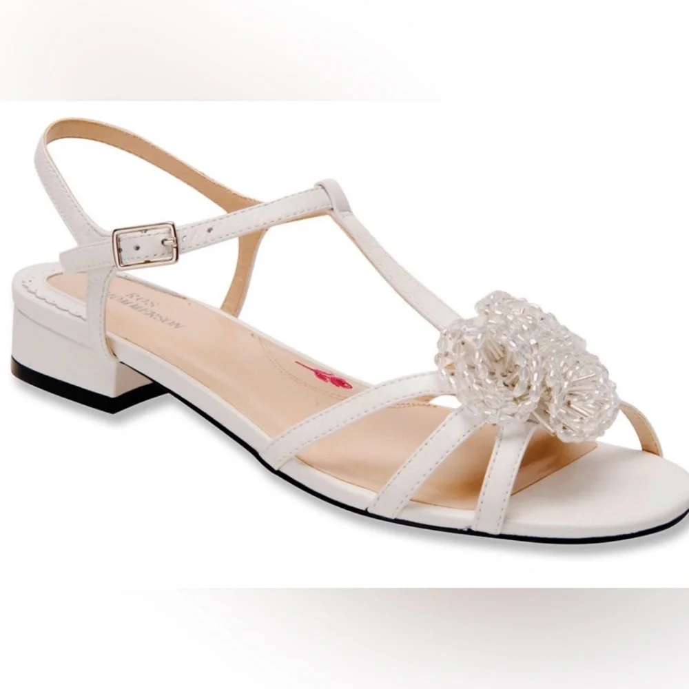Ros Hommerson Jackie white leather sandal w/ beaded flower embellishment, 9W